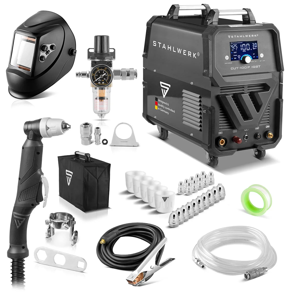 Steelworks Cut 100 P Digital Plasma Cutter Profi-Set 100 A, Pilot Ignition, Air Air Réglable Temps de flux ultérieur, Protection de refroidissement et de surchauffe, Garantie de 7 ans