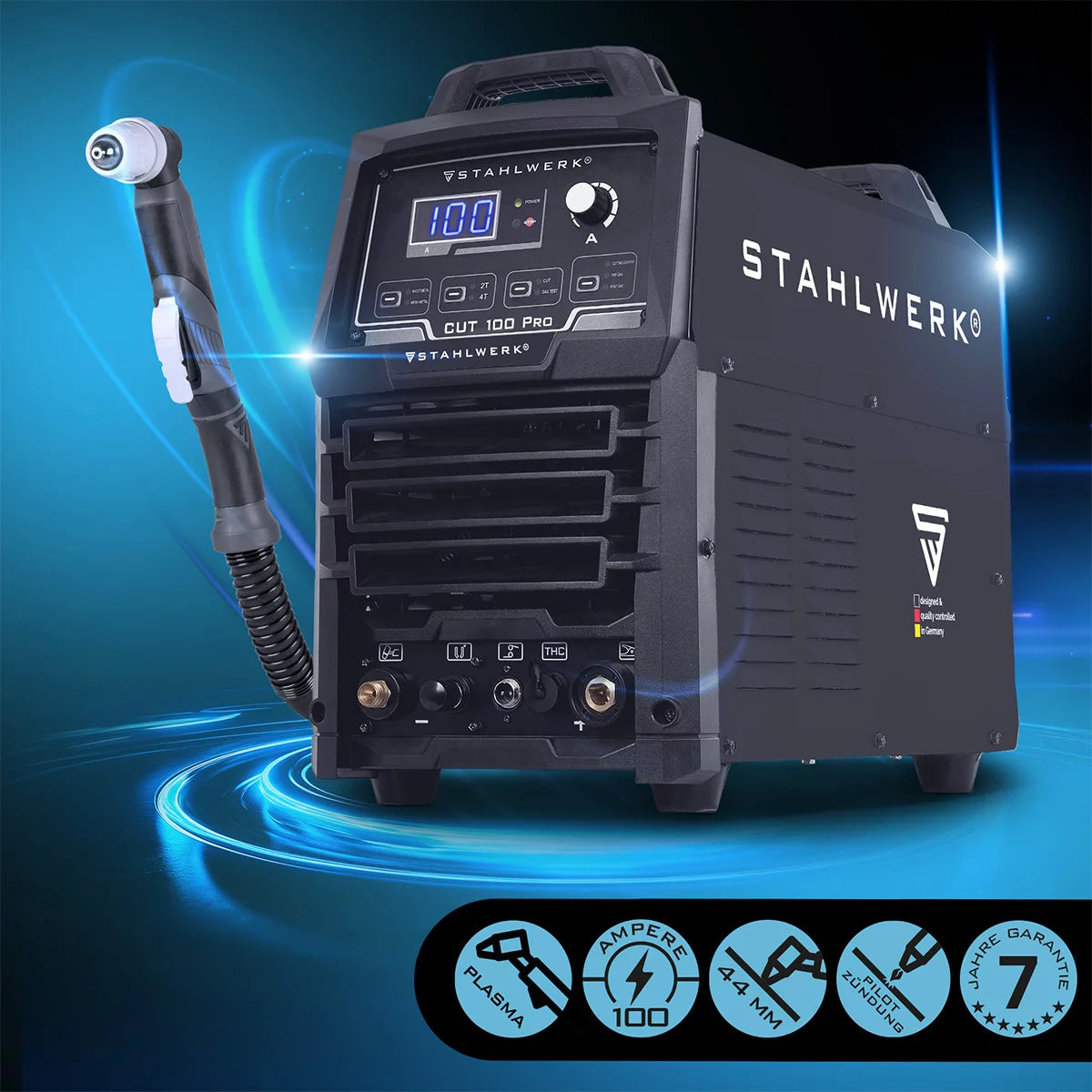 STAHLWERK Plasmaschneider CUT 100 Pro | 100 A Inverter-Plasmaschneider | HF-Pilotzündung | Digitalanzeige | THC-Schnittstelle für CNC | Schneidleistung bis 44 mm | Plasma Cutter mit 2T/4T-Funktion