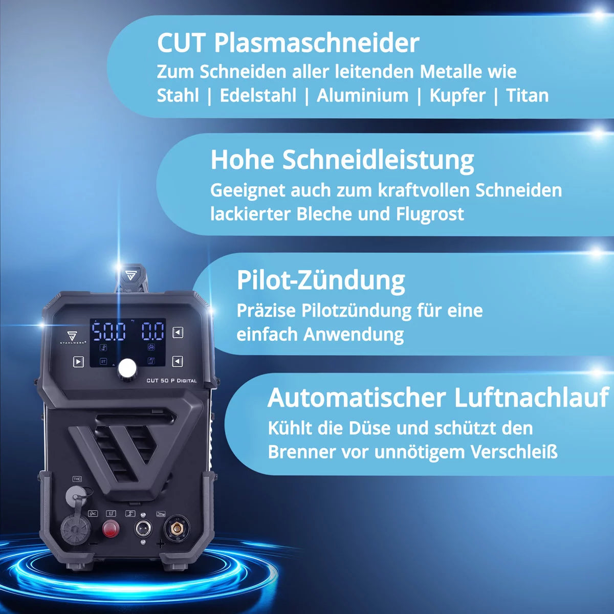 STAHLWERK Plasmaschneider CUT 50 P Digital | 50 A Inverter-Plasmaschneider | HF-Pilotzündung | Digitalanzeige | THC-Schnittstelle für CNC | Schneidleistung bis 20 mm | Plasma Cutter mit 2T/4T-Funktion