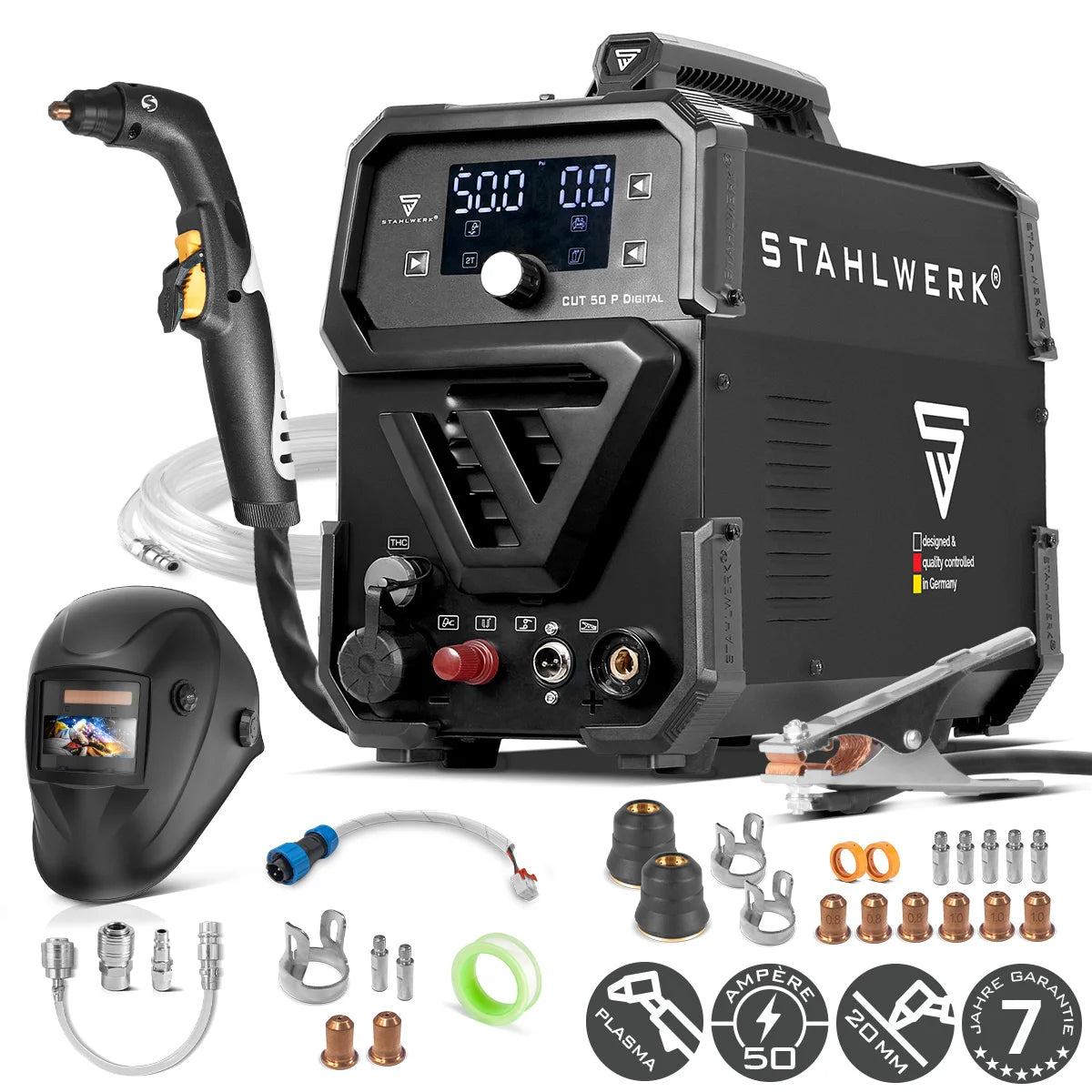 STAHLWERK Plasmaschneider CUT 50 P Digital Vollausstattung | 50A Inverter-Plasmaschneider | Blowback-Zündung | Digitalanzeige | THC-Schnittstelle für CNC | Schneidleistung bis 20 mm | 2T/4T-Funktion