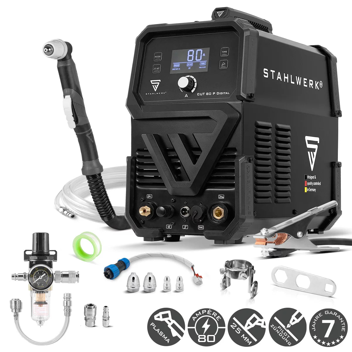 STAHLWERK Plasmaschneider CUT 80 P Digital | 80 A Inverter-Plasmaschneider | HF-Pilotzündung | Digitalanzeige | THC-Schnittstelle für CNC | Schneidleistung bis 25 mm | Plasma Cutter mit 2T/4T-Funktion