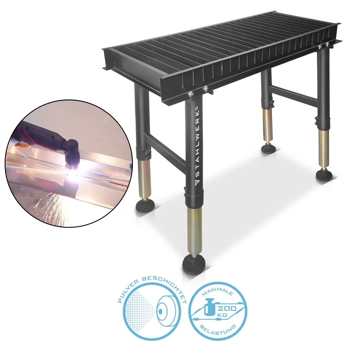 Steelwork plasma cutting table PCT-1000 ST 1000 x 410 mm height adjustable plasmatic | Powder-coated cut-Bank for professional plasma cutting