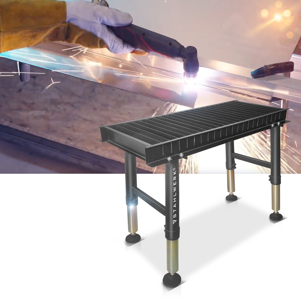 Steelwork plasma cutting table PCT-1000 ST 1000 x 410 mm height adjustable plasmatic | Powder-coated cut-Bank for professional plasma cutting