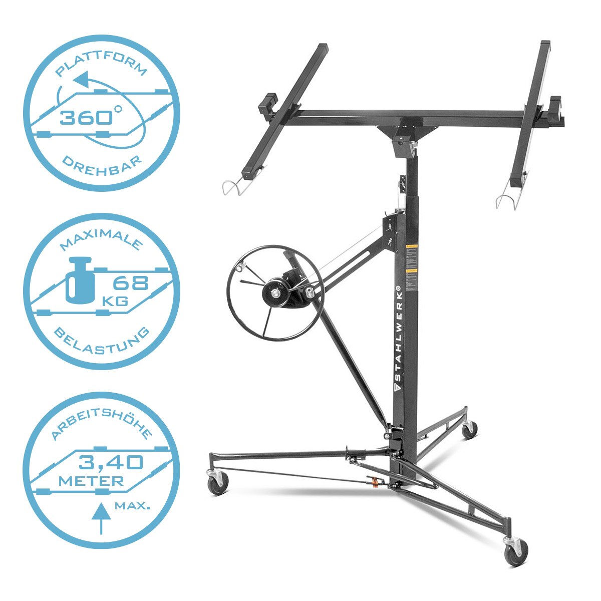 1.33-3.40 m çalışma yüksekliğine ve 68 kg'a kadar, plaka kaldırma / montaj kaldırma / panel kaldırıcısı ile sert plakalar, paneller, sunta ve diğer alçıpan elemanlarının profesyonel montajı için