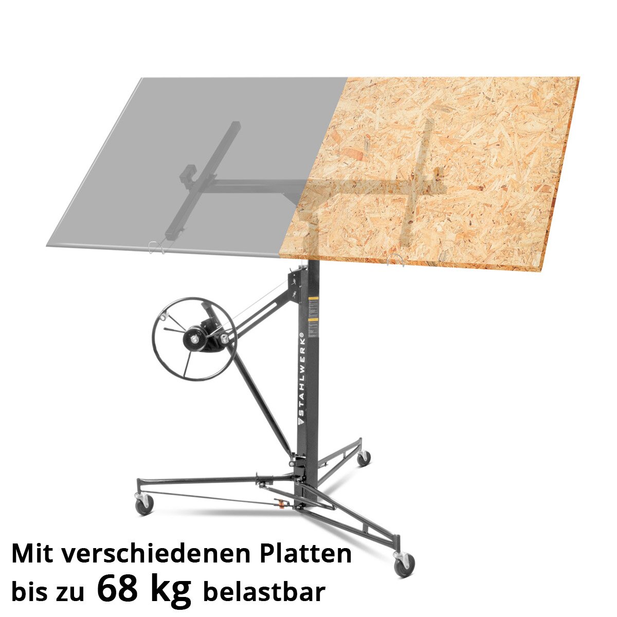 1.33-3.40 m çalışma yüksekliğine ve 68 kg'a kadar, plaka kaldırma / montaj kaldırma / panel kaldırıcısı ile sert plakalar, paneller, sunta ve diğer alçıpan elemanlarının profesyonel montajı için