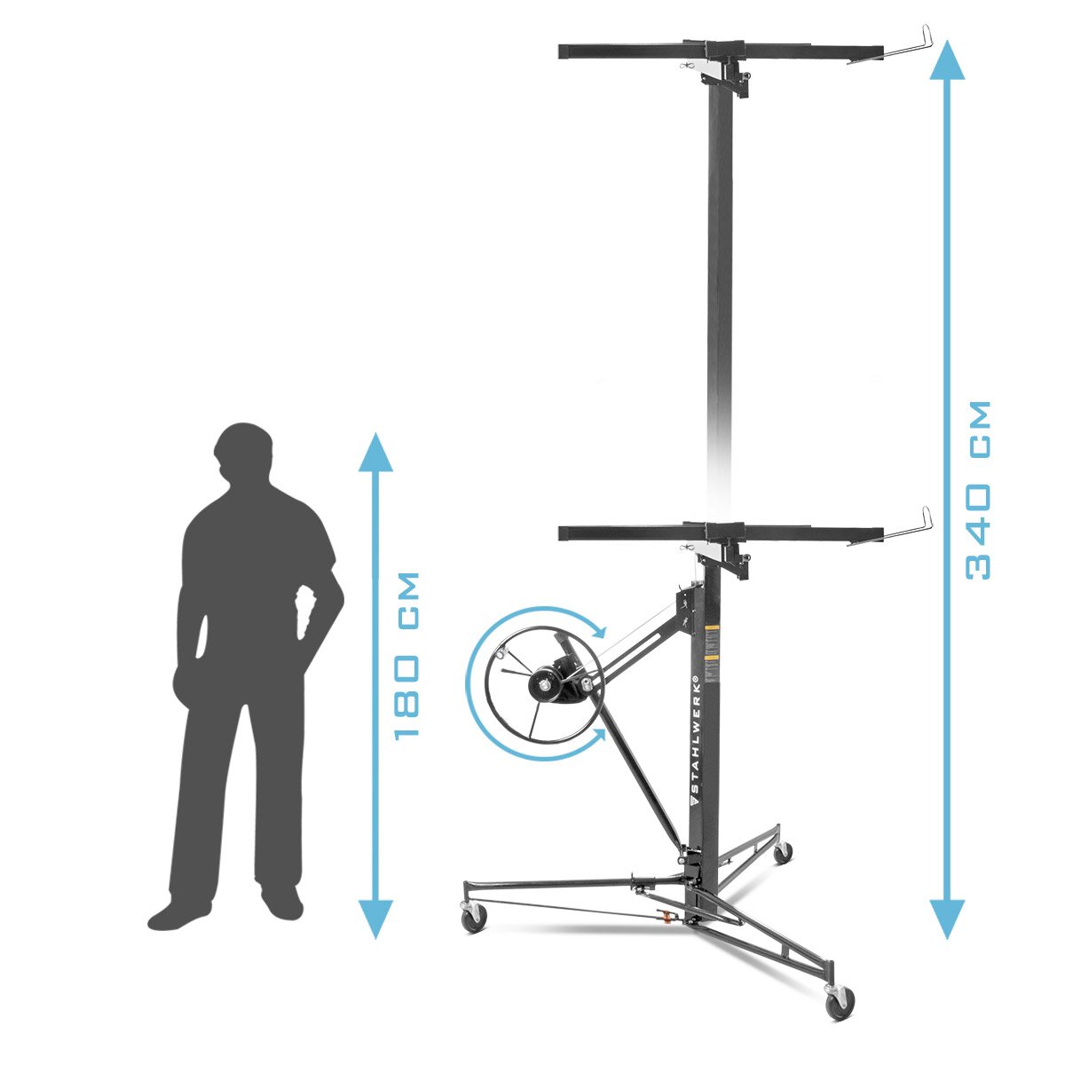 1.33-3.40 m çalışma yüksekliğine ve 68 kg'a kadar, plaka kaldırma / montaj kaldırma / panel kaldırıcısı ile sert plakalar, paneller, sunta ve diğer alçıpan elemanlarının profesyonel montajı için