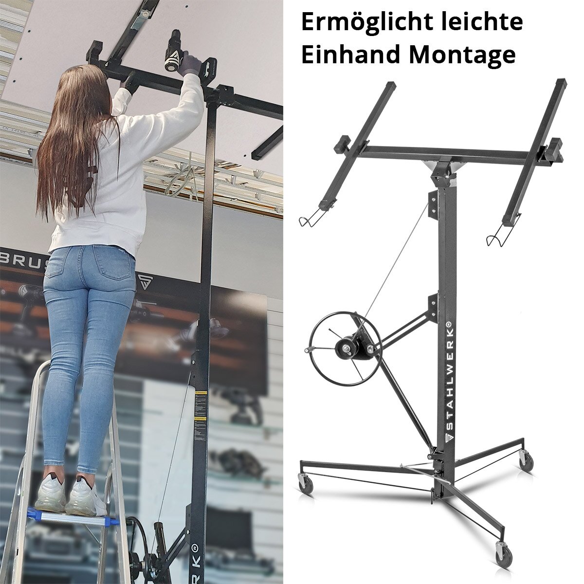 Steelworks plate lifter PH-465 ST 1.92-4.86 m, up to 68 kg resilient, plate lift / assembly lift / panel lifter for professional assembly of rigip plates and other drywall elements