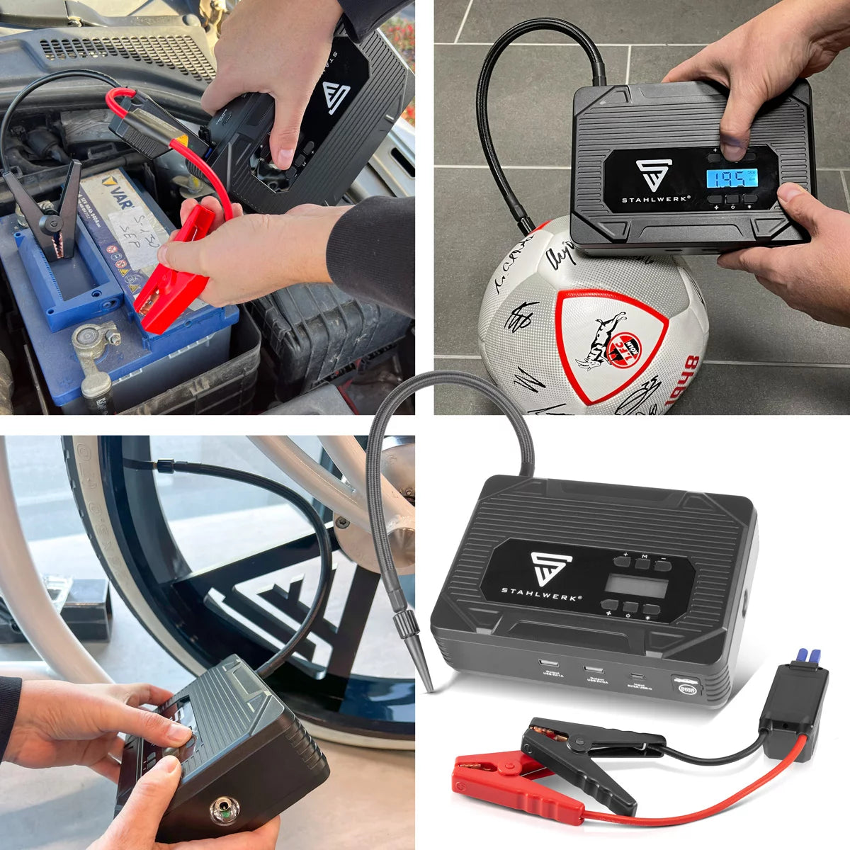 STAHLWERK PB-1400 ST | Powerbank Starthilfe 400 A, 14.000 mAh | Für Benzin- und Dieselmotoren | Mobiler Kompressor mit 3,5 bar Arbeitsdruck und LED-Leuchte | USB-Ladegerät und Starthilfe in einem
