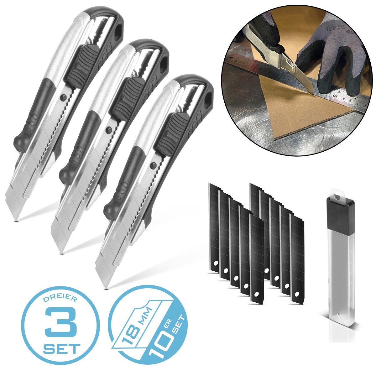 Steelwork Premium-cutter knife PCM-182 ST 3 Set with 18 mm abrrage blades Profi cutter | Carpet knife | Safety knife | Package knife | Cardboard knife