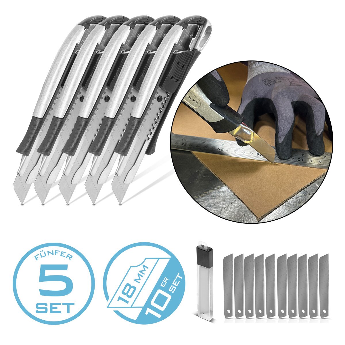 Steelworks Premium Cutter Bıçağı PCM-181 ST 5 SET 18 mm Abrage Bıçaklar Profi Kesici | Halı bıçağı | Güvenlik bıçağı | Paket bıçağı | Karton bıçak