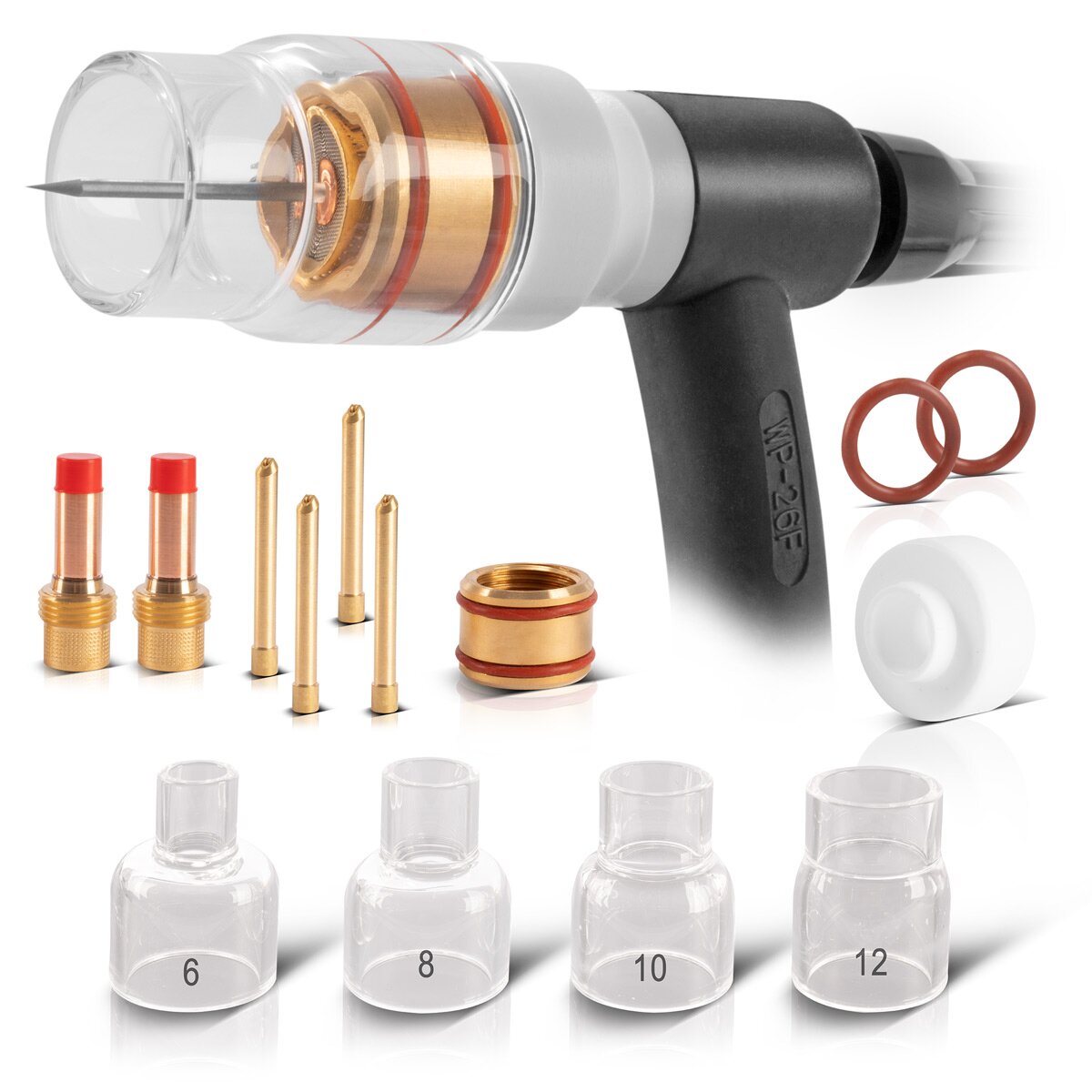 Steelworks Premium WIG glass-gas lens set 14-piece welding accessories with glass gas nozzles, clamping sleeves, clamping sleeve housings, welding torch insolator, seals and glass nozzle adapter for WP | SR 17, 18, 26 Wig welding burner