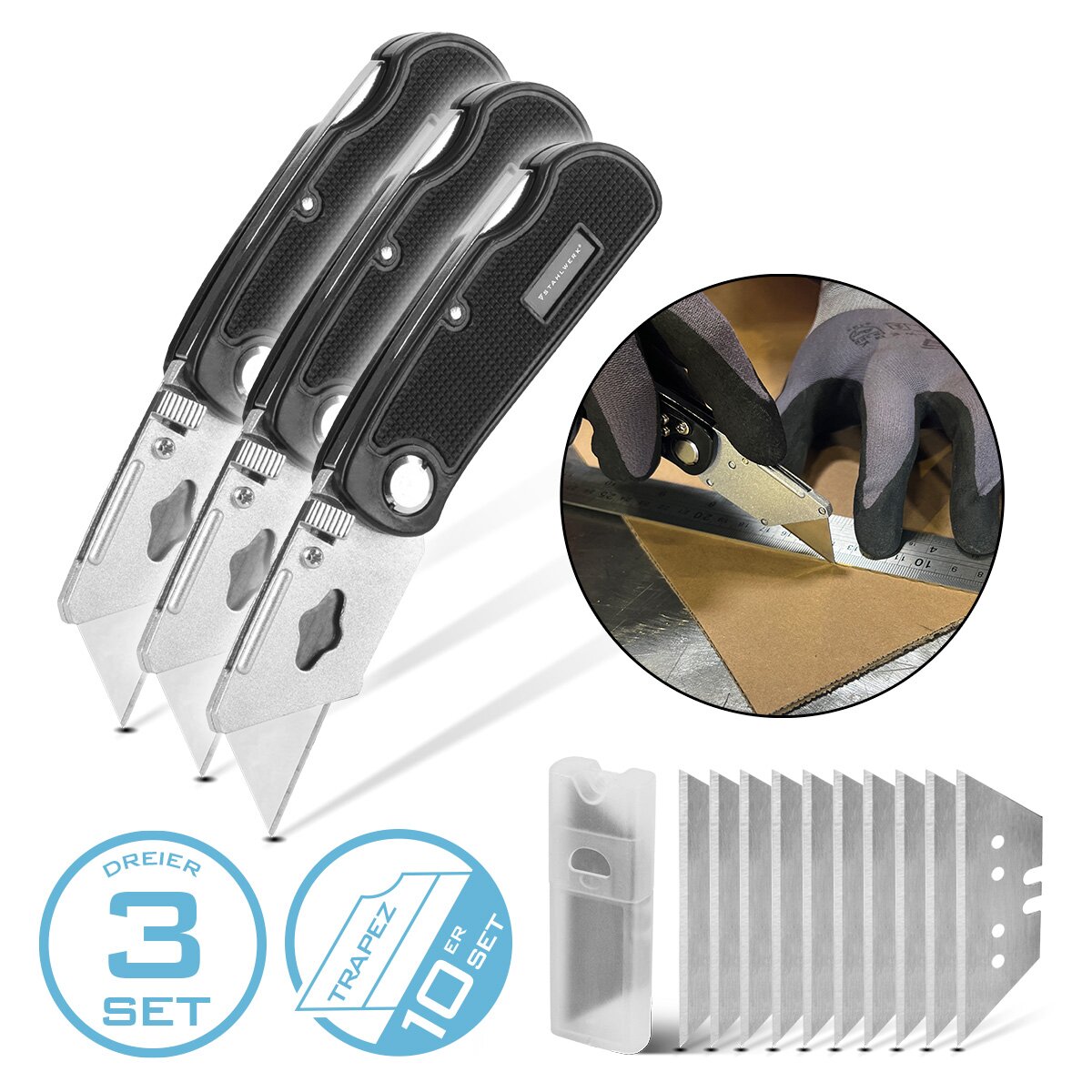 Steelwork foldable cutter knife 3 Set with quick-change blades and safety lock Profi cutter | Carpet knife | Safety knife | Package knife | Cardboard knife | Folding knife