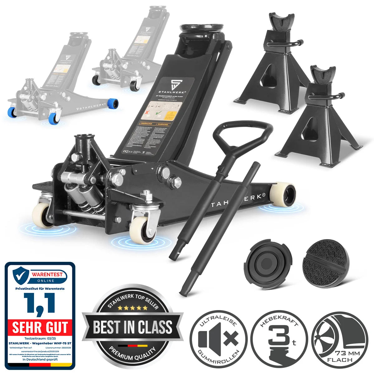 Gato para coche STAHLWERK WHB-73 ST con capacidad de carga de 3 t, rodillos silenciosos de goma, doble pistón de elevación y rango de elevación de 73-500 mm | Gato con ruedas extraplano | Gato hidráulico para coche | gato negro