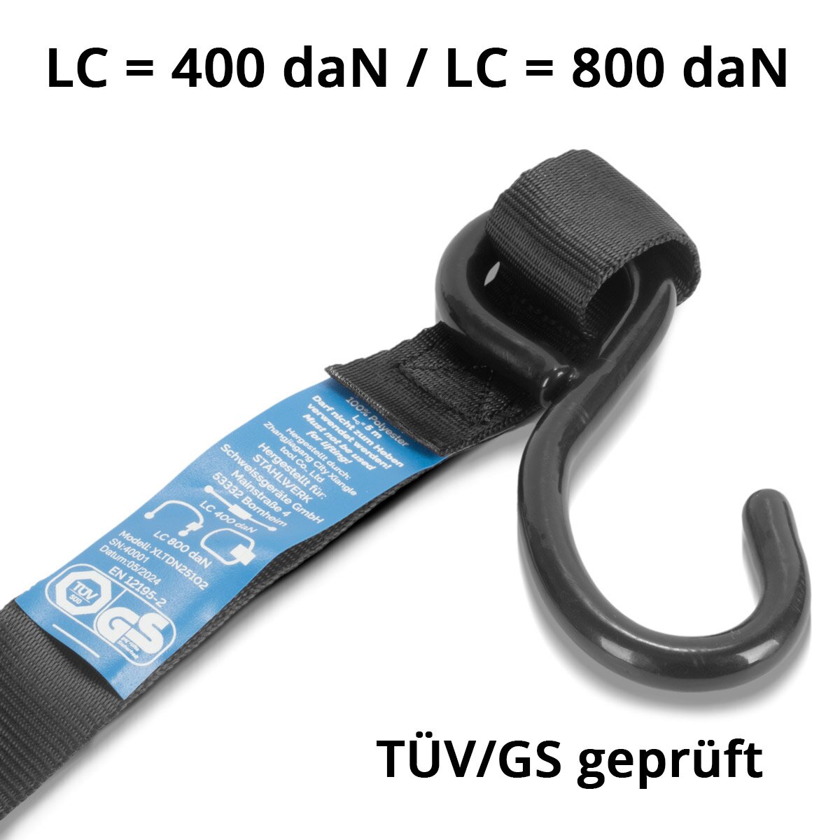 Steelwork ratchet belt with hook 8 Set 5 m x 25 mm 800 kg | LC 800 dan clamping belt | Lashing belt | Fastening strap | Fastening belt with ratchet function TÜV/GS checked