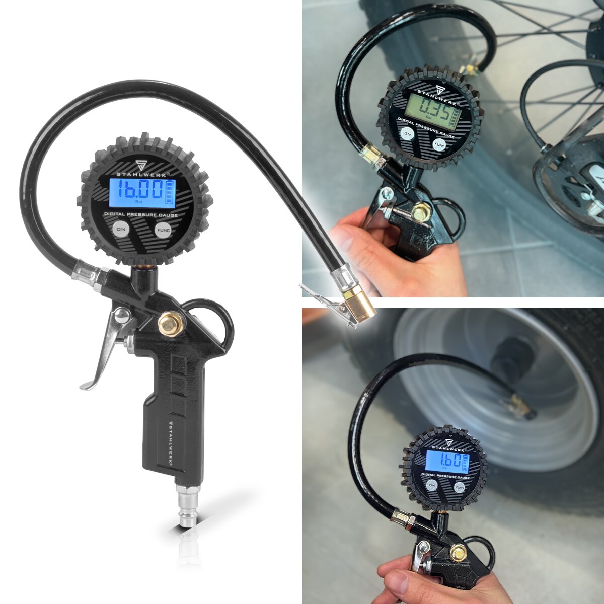 Steelworks Digital compressed air tire pistol DRD-16 ST | Compressed air tire filler with digital manometer | Tire pressure testers for cars, trucks, motorcycle, bicycle | Measurement area 0-16 bar / 0-232 PSI