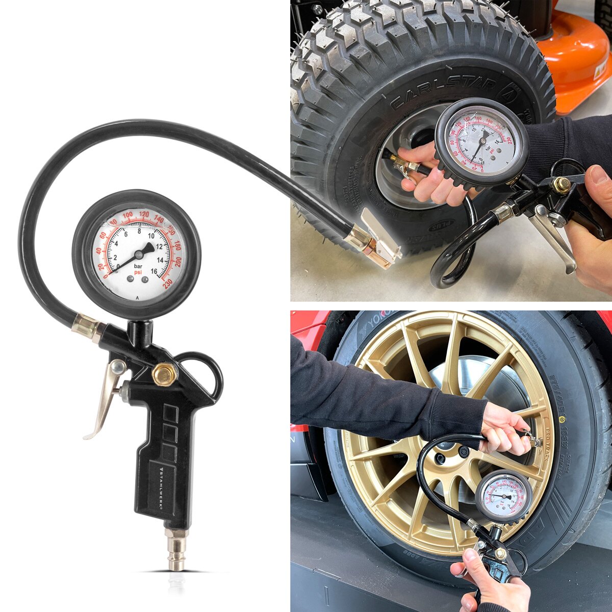 STAHLWERK Druckluft-Reifenfüllpistole DRA-161 ST | Druckluft Reifenfüller mit Manometer | 2-in-1 Reifendruckprüfer für PKW, LKW, Motorrad, Fahrrad | Messbereich 0 bis 16 Bar/ 0 bis 230 PSI