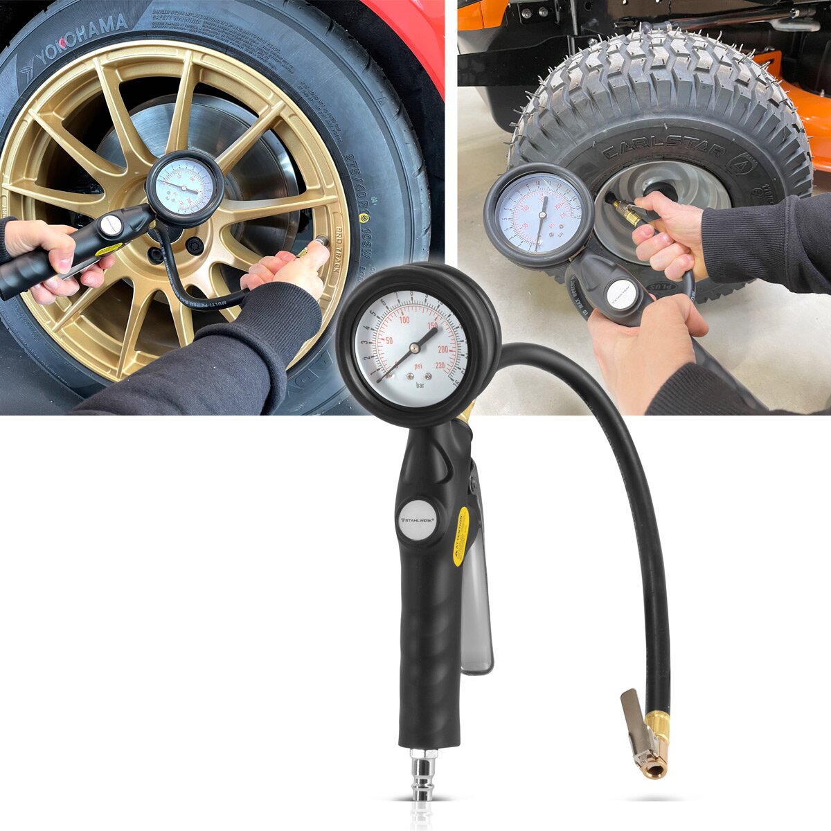 STAHLWERK Druckluft-Reifenfüllpistole DRA-162 ST | Druckluft Reifenfüller mit Manometer Messbereich | 2-in-1 Reifendruckprüfer für PKW, LKW, Motorrad, Fahrrad | Messbereich 0 bis 16 Bar/ 0 bis 230 PSI