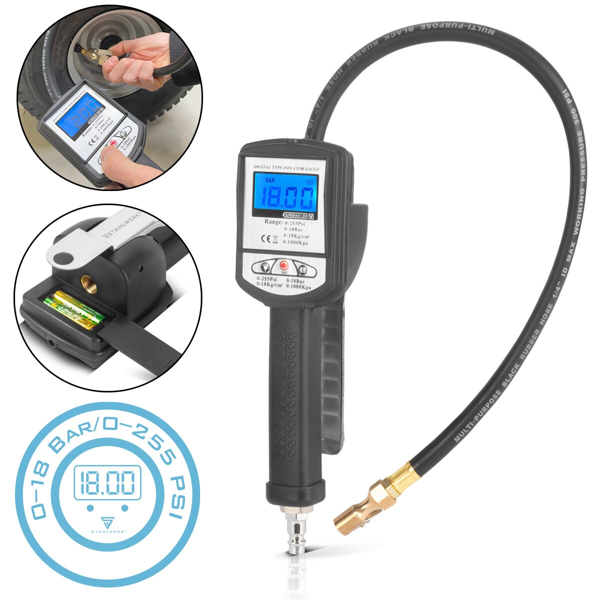 STAHLWERK Digitale Druckluft-Reifenfüllpistole DRP-18 ST | Druckluft Reifenfüller mit digitalem Manometer | Digital Reifendruckprüfer für PKW, LKW, Motorrad, Fahrrad | Messbereich 0-18 Bar / 0-255 PSI