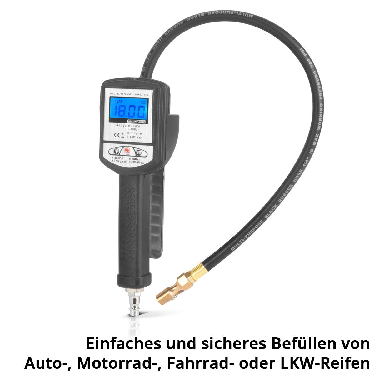 STAHLWERK Digitale Druckluft-Reifenfüllpistole DRP-18 ST | Druckluft Reifenfüller mit digitalem Manometer | Digital Reifendruckprüfer für PKW, LKW, Motorrad, Fahrrad | Messbereich 0-18 Bar / 0-255 PSI