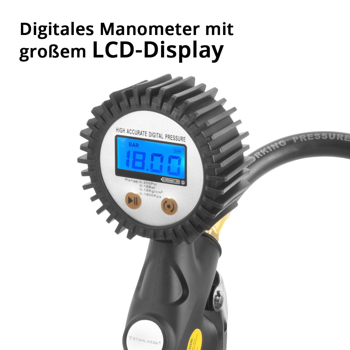 STAHLWERK Digitale Druckluft-Reifenfüllpistole DRD-18 ST | Druckluft Reifenfüller mit digitalem Manometer | Reifendruckprüfer für PKW, LKW, Motorrad, Fahrrad | Messbereich 0-18 Bar / 0-255 PSI