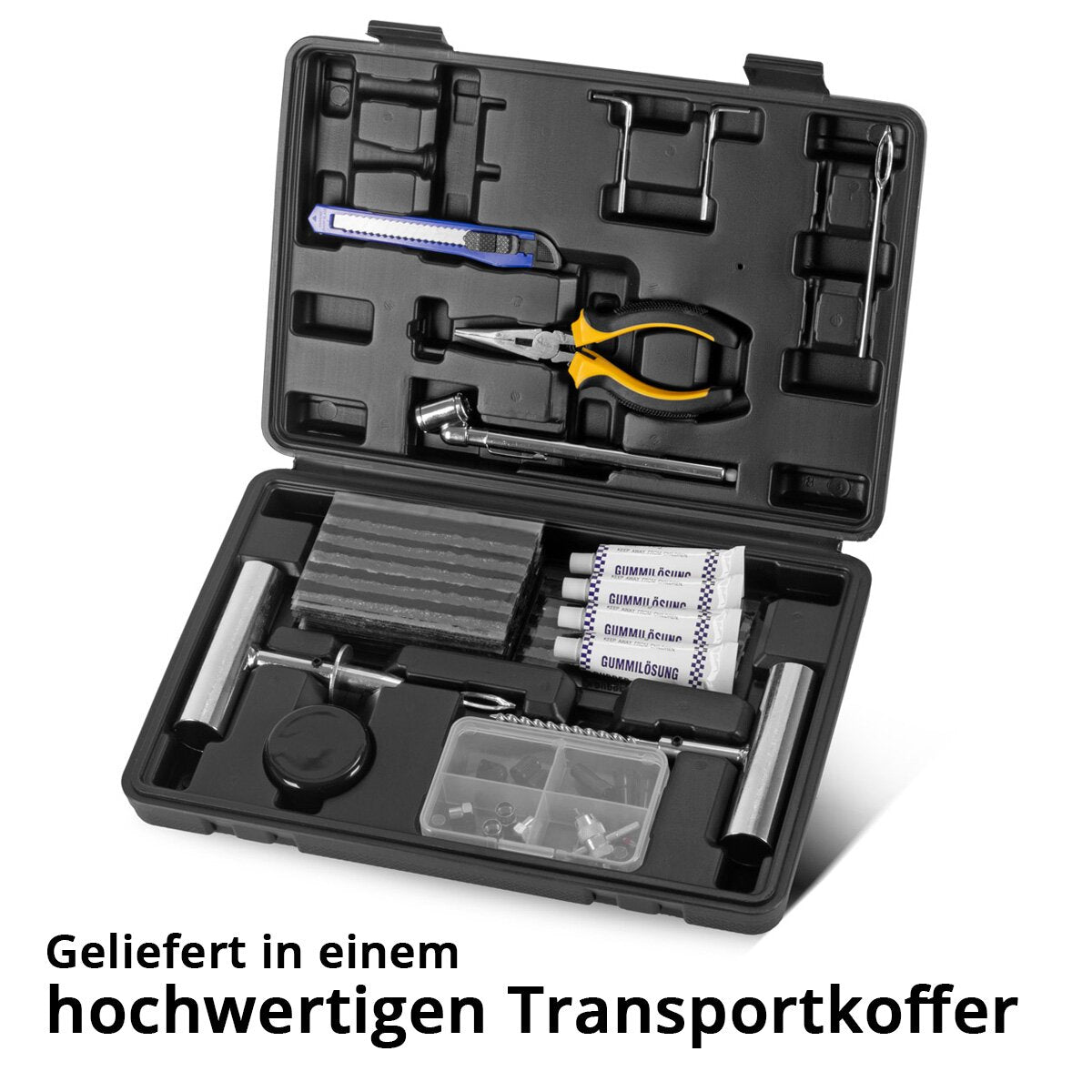 STAHLWERK Reifenreparaturset 72-teilig | Reifenreparatur Kit Kfz | Flickset Auto Motorrad | Notfallwerkzeug