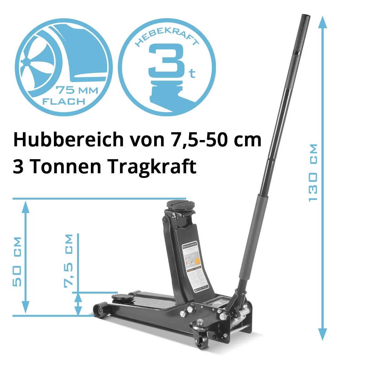 STAHLWERK Reifenwechsel-Set Basic mit extra flachem 3 t Rangier-Wagenheber mit 75-510 mm Hubbereich, Drehmomentschlüssel mit 70-350 Nm und Arbeitshandschuhen für Reifenwechsel am Kfz