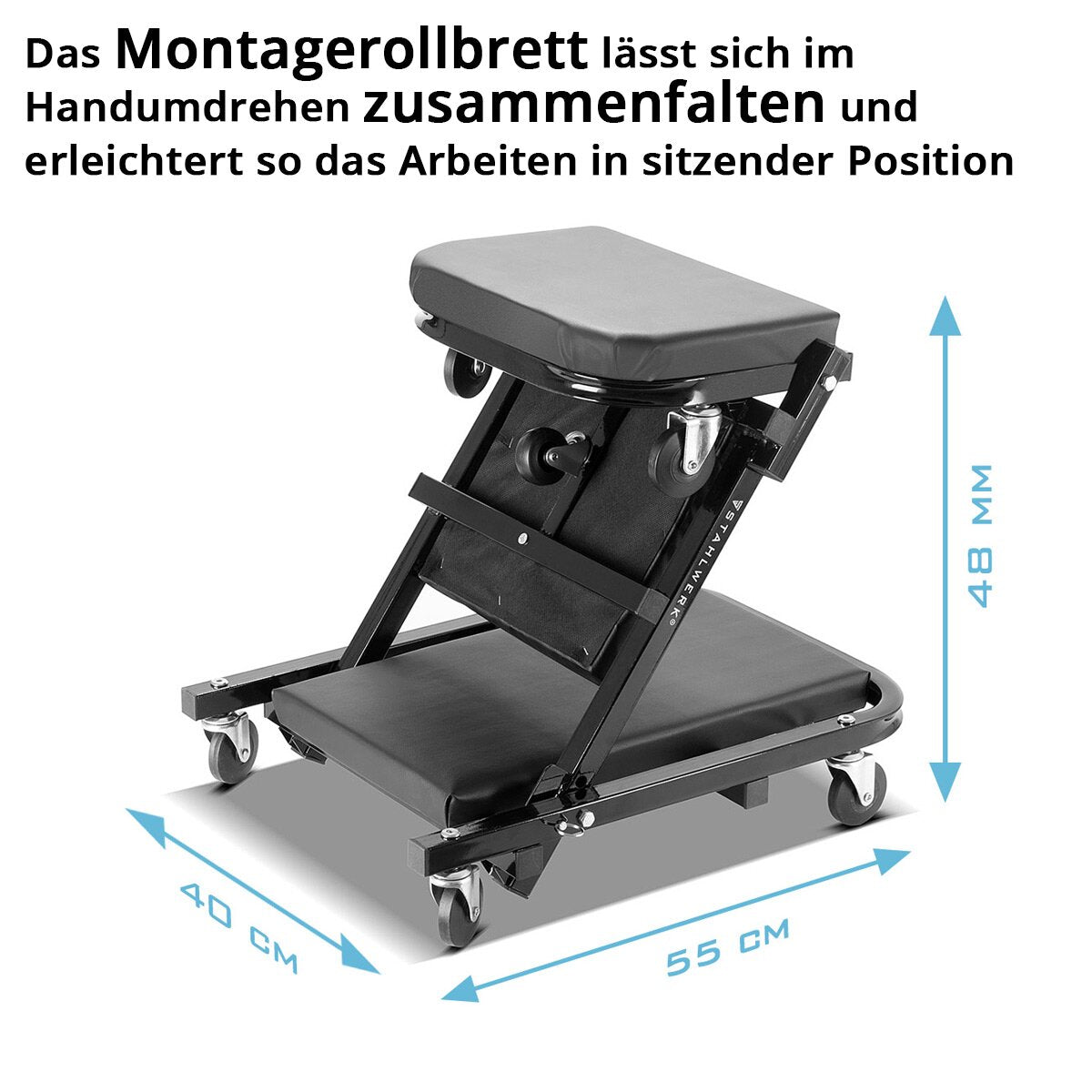 Taller Steelworks 2 en 1 Taller FRC-40 ST con 150 kg de capacidad de carga, placa de rodillos de automóvil plegables | Montagen Roll Board | Cama de taller | Salón de montaje con asientos y función mentirosa
