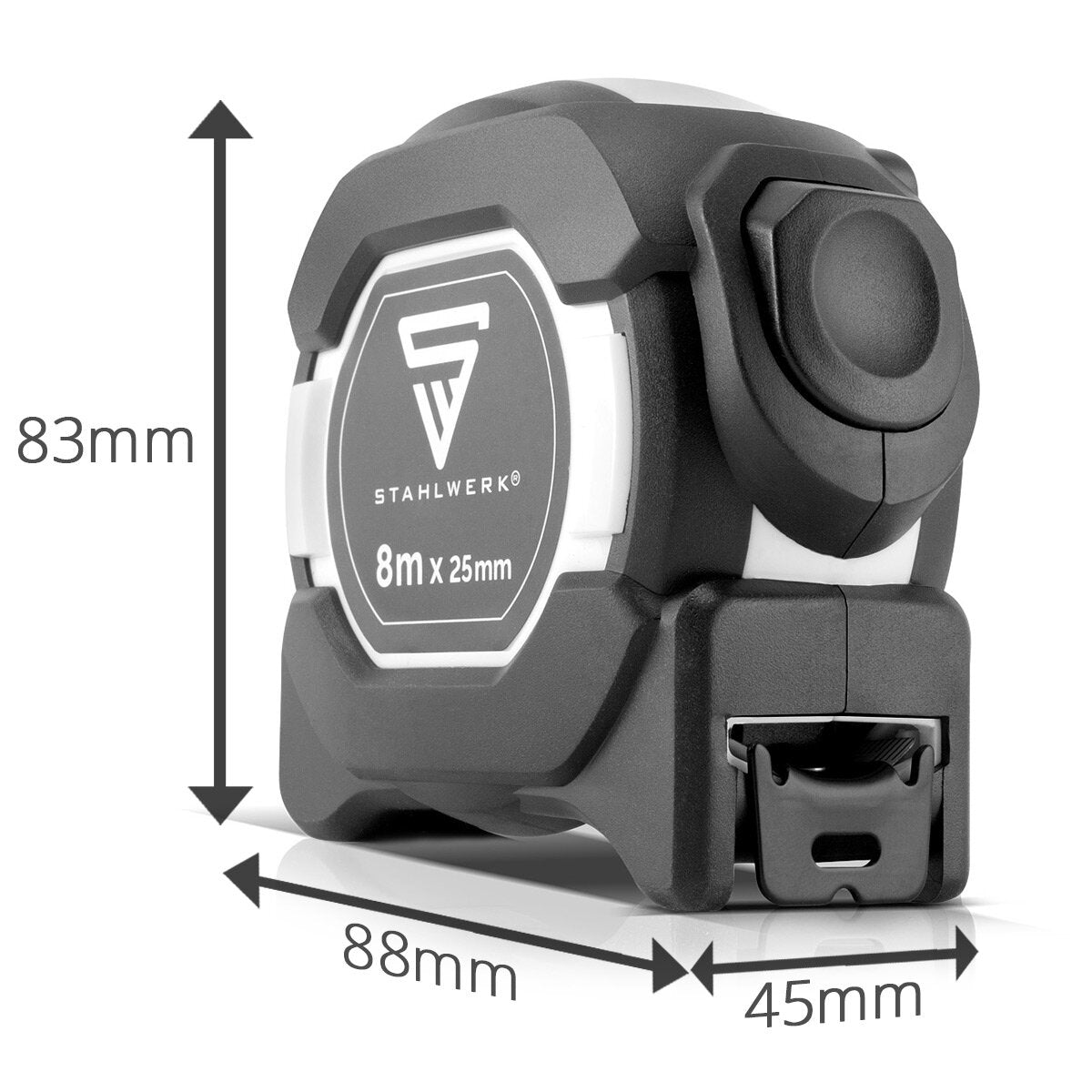 Ruban en acier à mesurer / ruban de mesure / ruban de mesure 8 mètres avec un clip de ceinture, une recirculation automatique et un boîtier résistant à l'impact pour des mesures précises dans une utilisation intérieure et extérieure