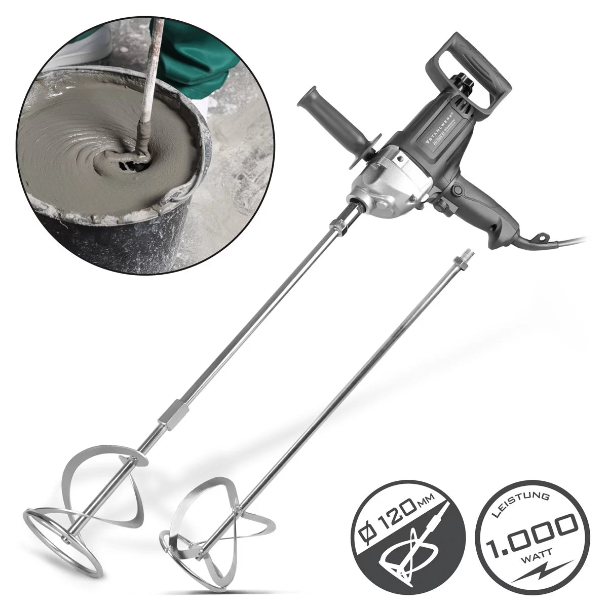 STAHLWERK agitator RW-1000 ST | 1,000 W and 550 rpm | Electric mortar stirrer with additional whisk 120 x 600 mm | Speed ​​control and right-left rotation | Concrete mixer | Paint stirrer | color mixer