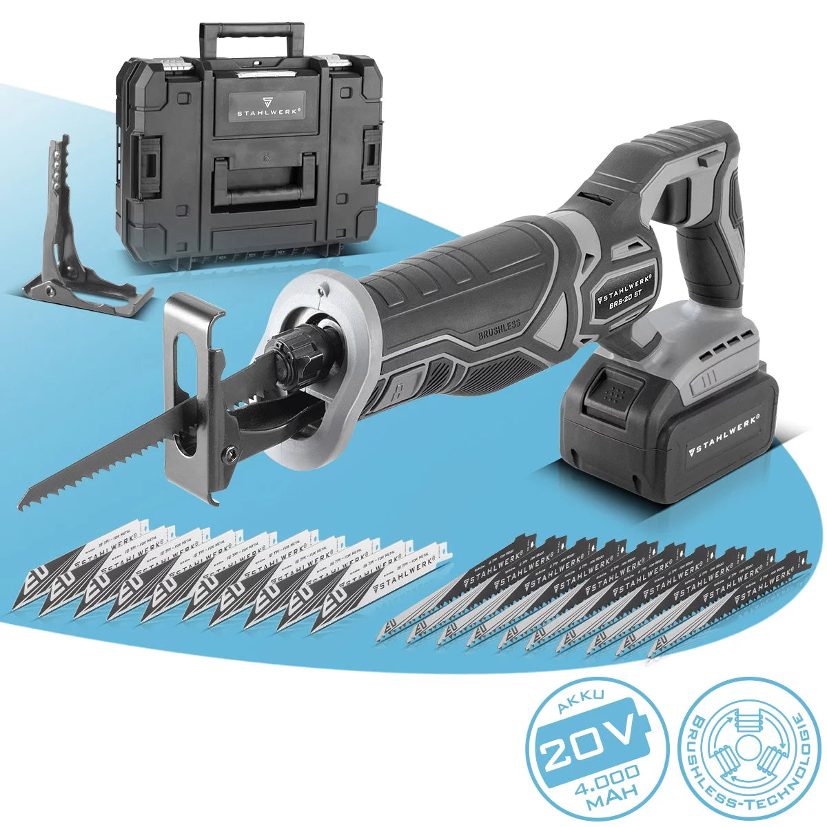 STAHLWERK Brushless-Akku-Säbelsäge BRS-20 ST | 20 Volt Universalsäge | 4 Ah Li Ion Akku | 20 Ersatzblätter (10 x Holz, 10 x Metall) | Schnellspannaufnahme | Hublänge 28 mm | 0-2.600 U/min