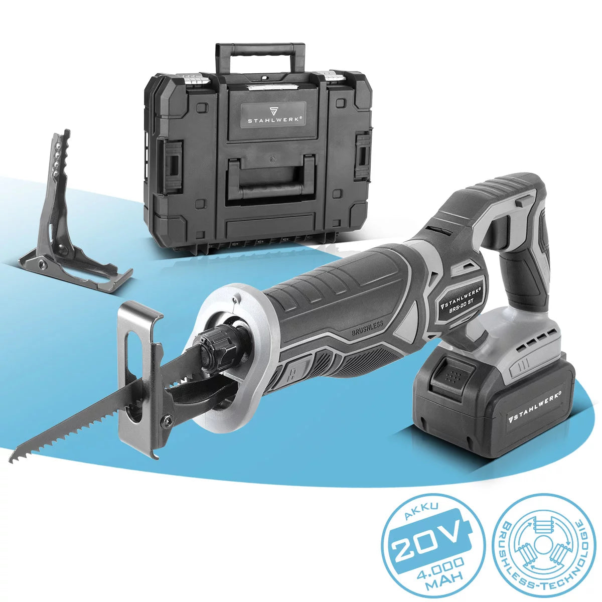 Sierra de berras sin escaparates de acero Saw BRS-20 ST Reciproosaw / Jigsaw / Universal Saw con 20 voltios, 4 AH Li Ion Battery, alimentación de tensiones rápidas, 0-2600 rpm.