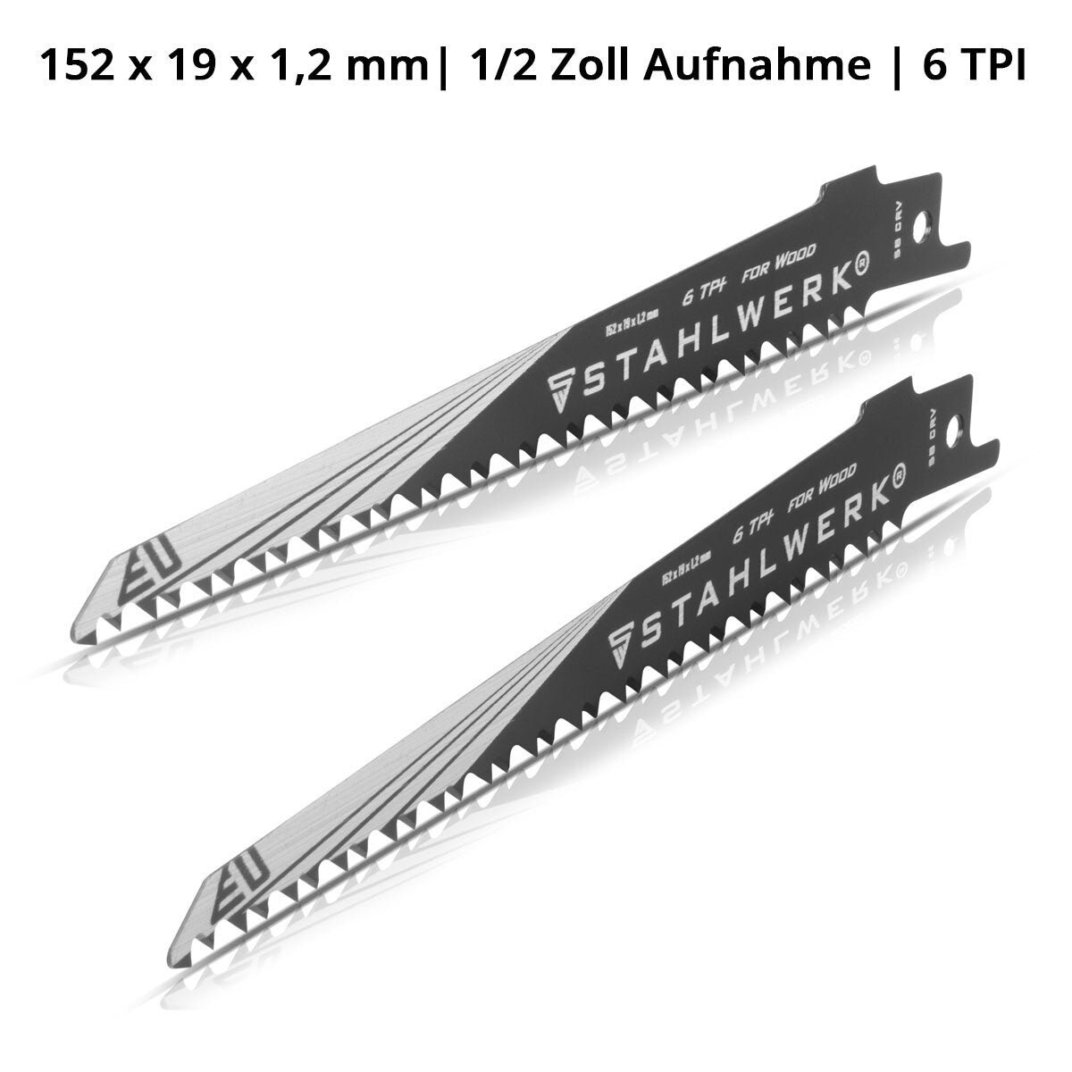 STAHLWERK Holz-Sägeblatt 2er Set 150 x 19 x 1,2 mm Long Life Säbelsägeblätter | Reciprosägeblätter mit 1/2 Zoll Aufnahme und 6 TPI für Säbelsägen | Reciprosägen | Stichsägen