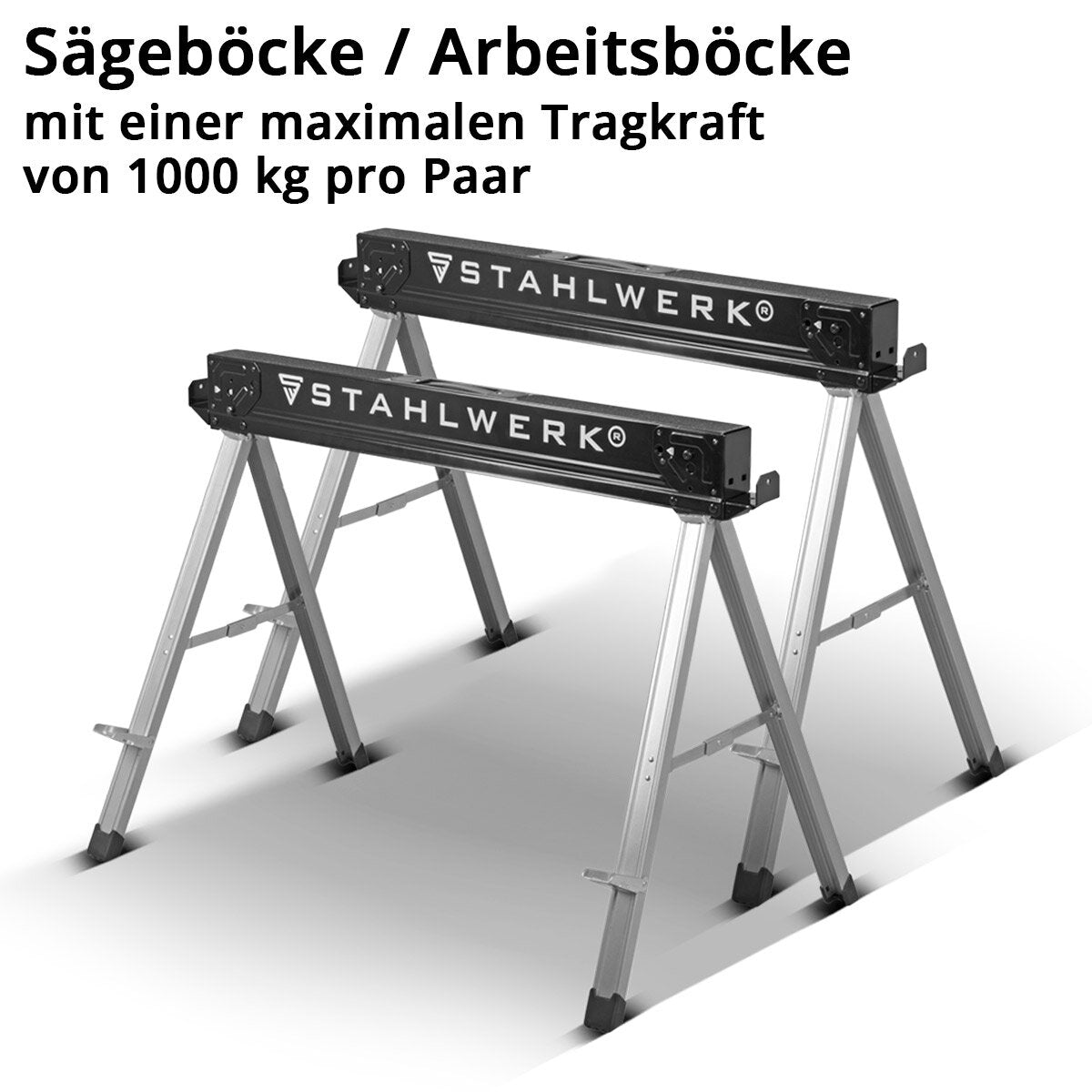 STAHLWERK Sägebock SB-757 ST im 2er Set pulverbeschichteter Metall-Arbeitsbock | Universal-Klappbock | Gerüstbock mit einer maximalen Tragkraft von 500 kg und seitlicher Halterung