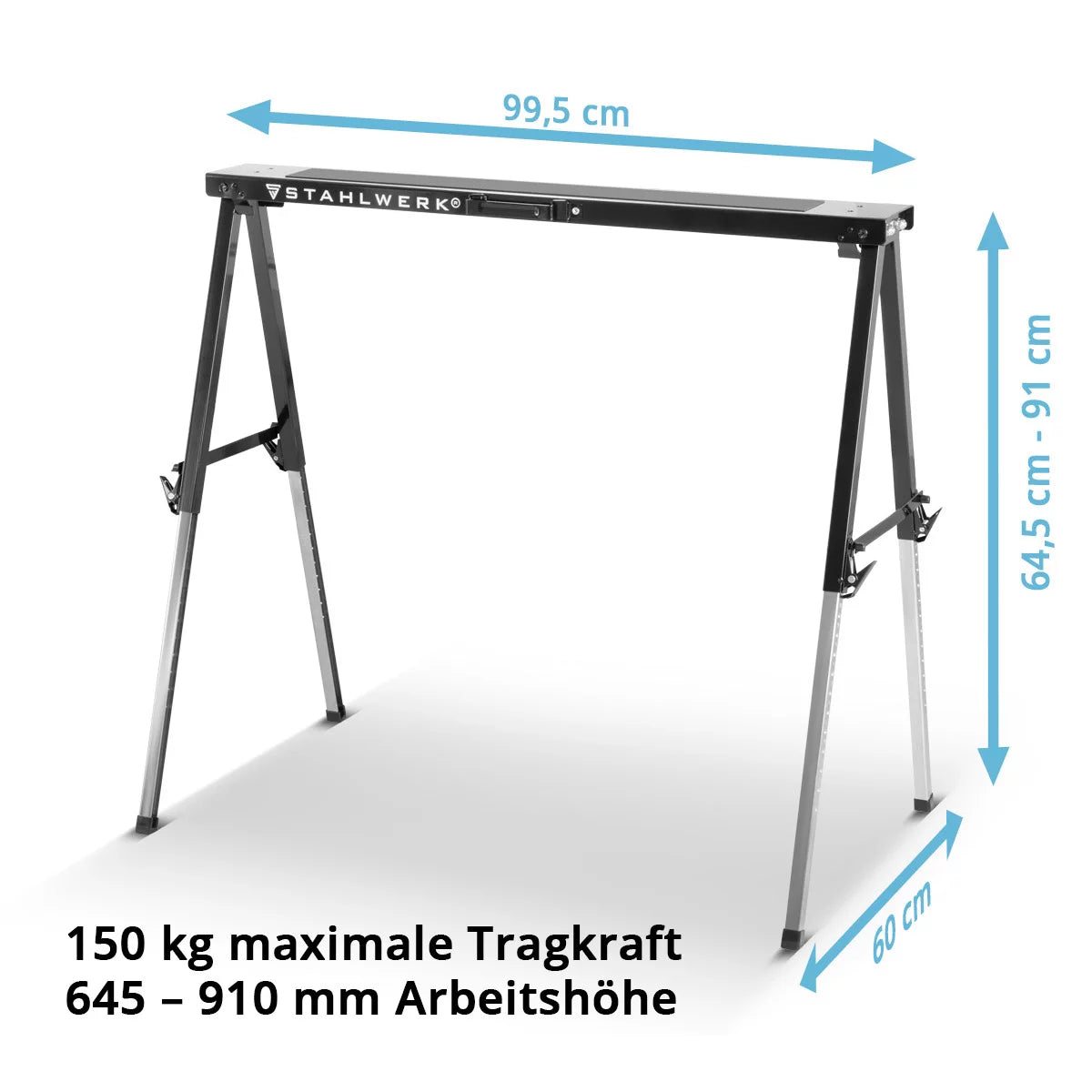 Sägebock SB-910 ST im 2er Set pulverbeschichteter Metall-Arbeitsbock | Universal-Klappbock | Gerüstbock höhenverstellbar von 645 - 910 mm mit 150 kg Tragkraft und rutschhemmender Oberfläche