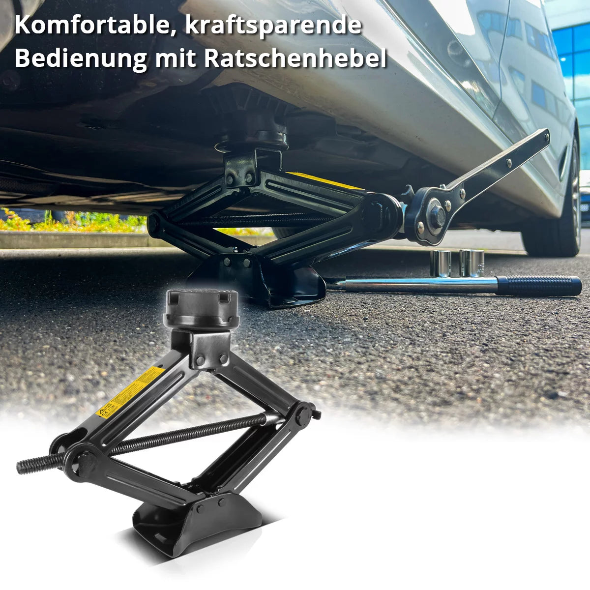 STAHLWERK SWH-2 ST Wagenheber | Scherenwagenheber | 2 Tonnen Hubkraft | Teleskop-Radmutterschlüssel mit Stecknuss 17, 19 mm | Transporttasche | Kompaktes Wagenheber-Set für Reifenwechsel & Werkstatt