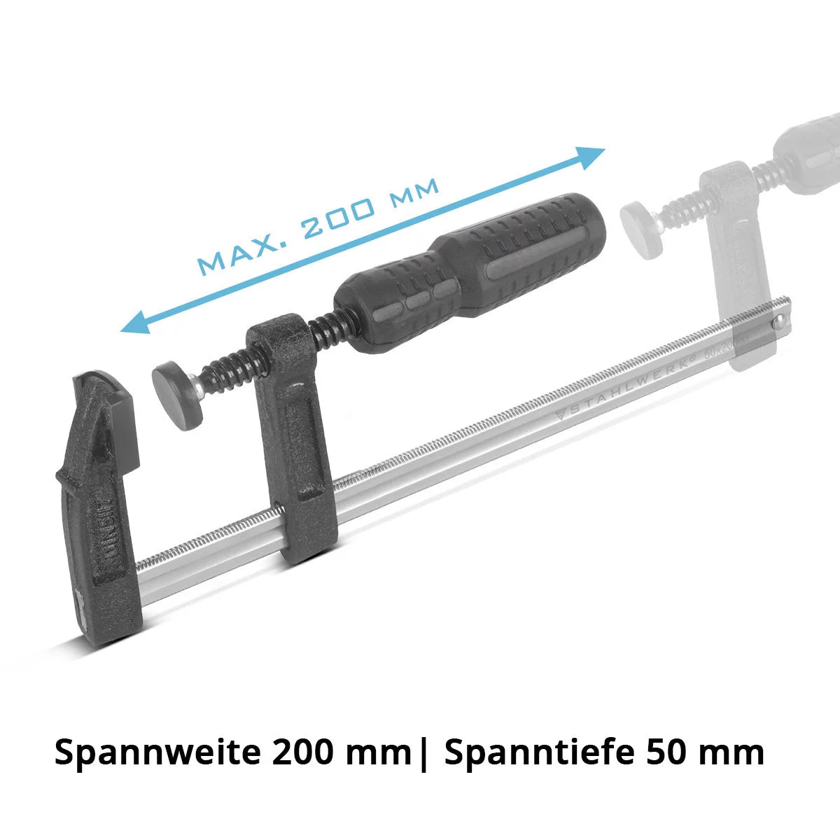 STAHLWERK 3 x Schraubzwinge 50x200 mm | kraftvolle Klemmzwinge aus Stahl und Kunststoff | F-Zwinge zum Fixieren von Werkstücken |stabile Zwinge mit Spannweite 200 mm, Spanntiefe 50 mm