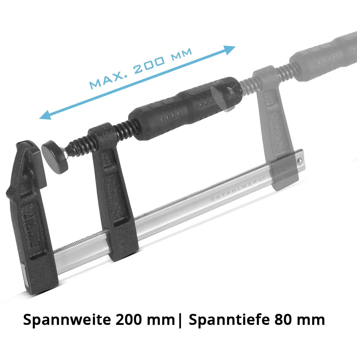 STAHLWERK 3 x Schraubzwinge 80x200 mm | kraftvolle Klemmzwinge aus Stahl und Kunststoff | F-Zwinge zum Fixieren von Werkstücken |stabile Zwinge mit Spannweite 200 mm, Spanntiefe 80 mm