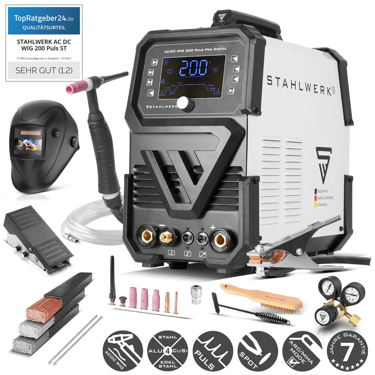 STAHLWERK Schutzgas-Schweißgerät AC/DC WIG 200 Puls Pro Digital Vollausstattung IGBT Inverter mit 200 Ampere, ARC/MMA Funktion, Job-Speicher, Puls-und Spot-Funktion, geeignet für Alu und Dünnblech