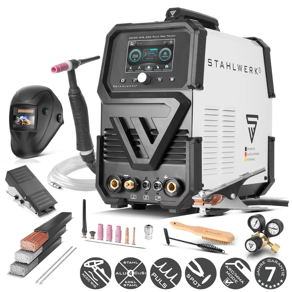 STAHLWERK Schutzgas-Schweißgerät AC/DC WIG 200 Puls Pro Touch Vollausstattung | IGBT-Inverter mit 200 Ampere | ARC/MMA Funktion | Job-Speicher | Puls-und Spot-Funktion geeignet für Alu und Dünnblech