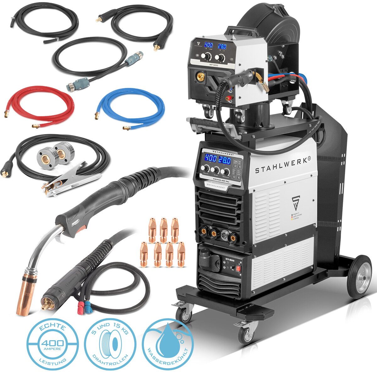 Steel mill Mig MAG 400 Pro fully syngical, water-cooled IGBT Inverter with 400 A and pulse function 3-in-1 combi welding system MIG | MMA | Lift-ty