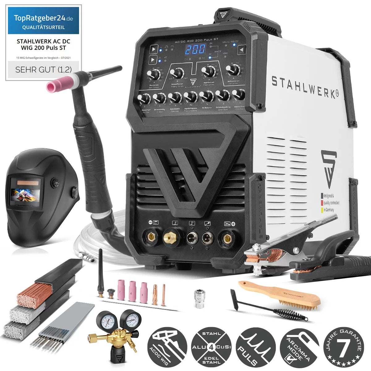 STAHLWERK AC/DC TIG 200 Puls ST fully equipped | 200 Amp TIG Welder | AC/DC TIG and MMA/E-hand combination inverter | 2T/4T mode | Thin sheet suitable | AC mode for aluminum