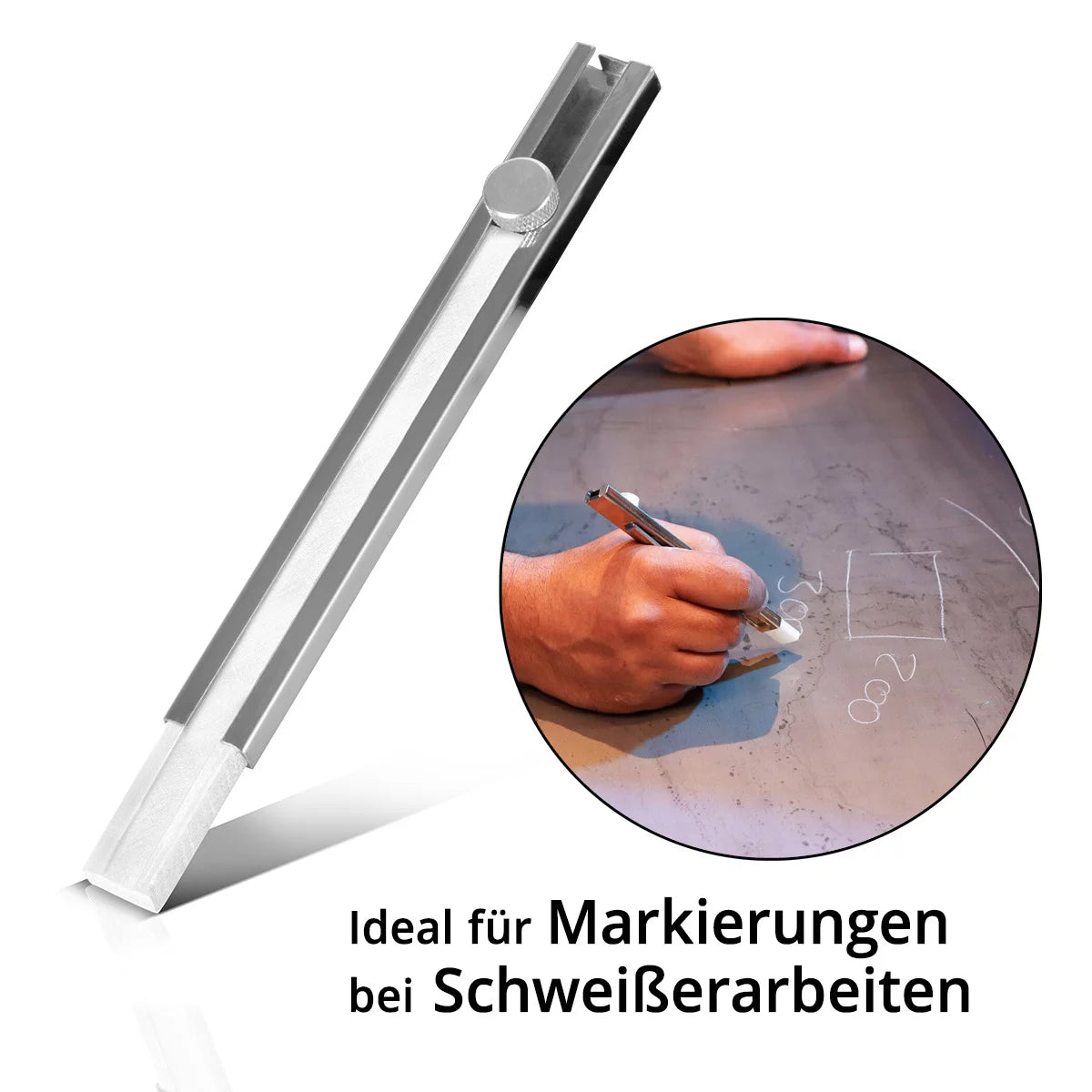 STAHLWERK Schweißerkreide Set 12-teilig, Kreidehalter flach und rund aus Aluminium, Specksteinstifte zum Nachfüllen mit 10 Specksteinkreidestücken zum Markieren auf Stahl, Edelstahl, Aluminium