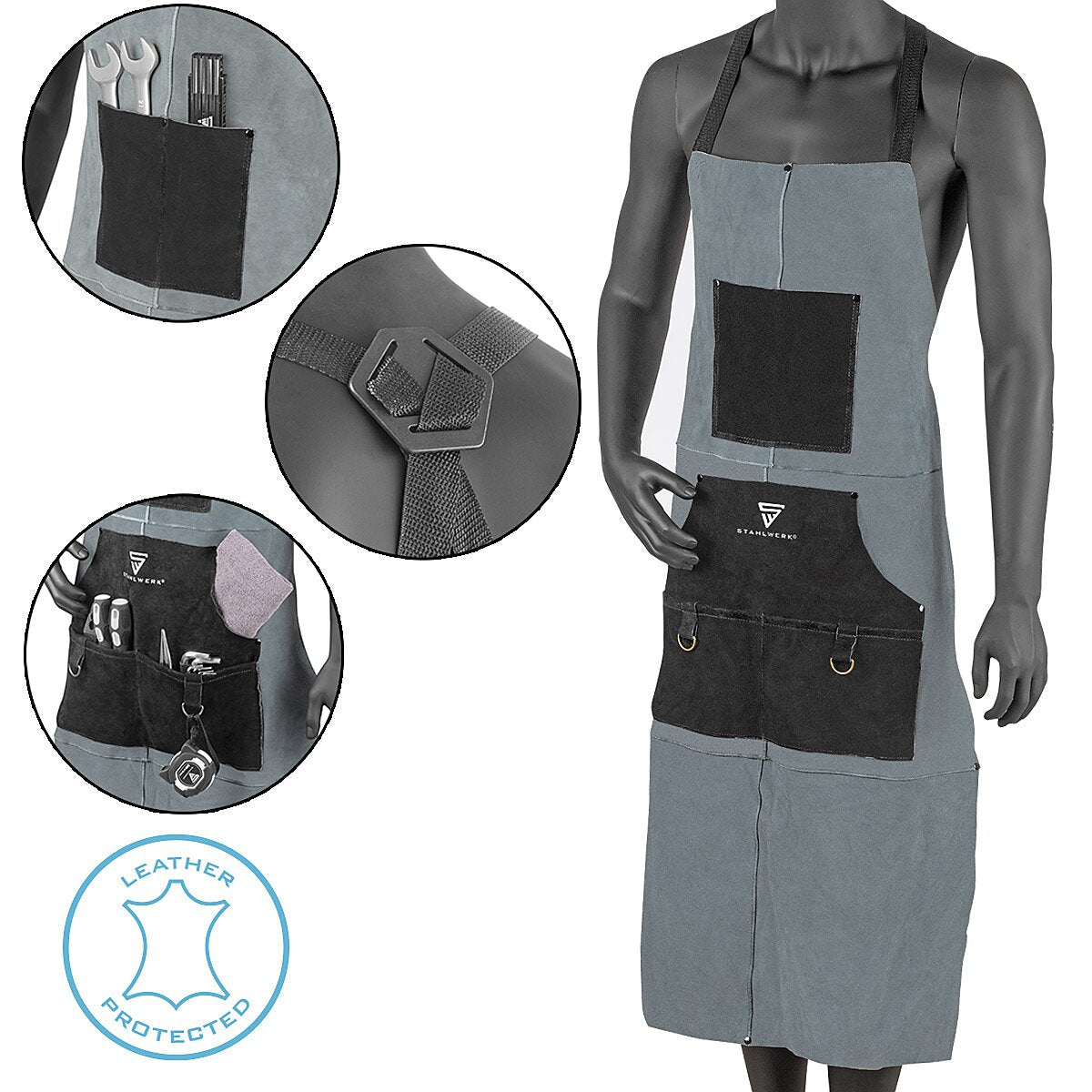 Apron di saldatura Stahlwerk | Grembiule di protezione | Gruppo di cuoio | Fabbri | Grembiule da lavoro | Workshop Apron | SALDAGGIO DI SALDAGGIO FORNITO DI CULLA DI GAP ALTA PER LA SALDAZIONE E TAGLI