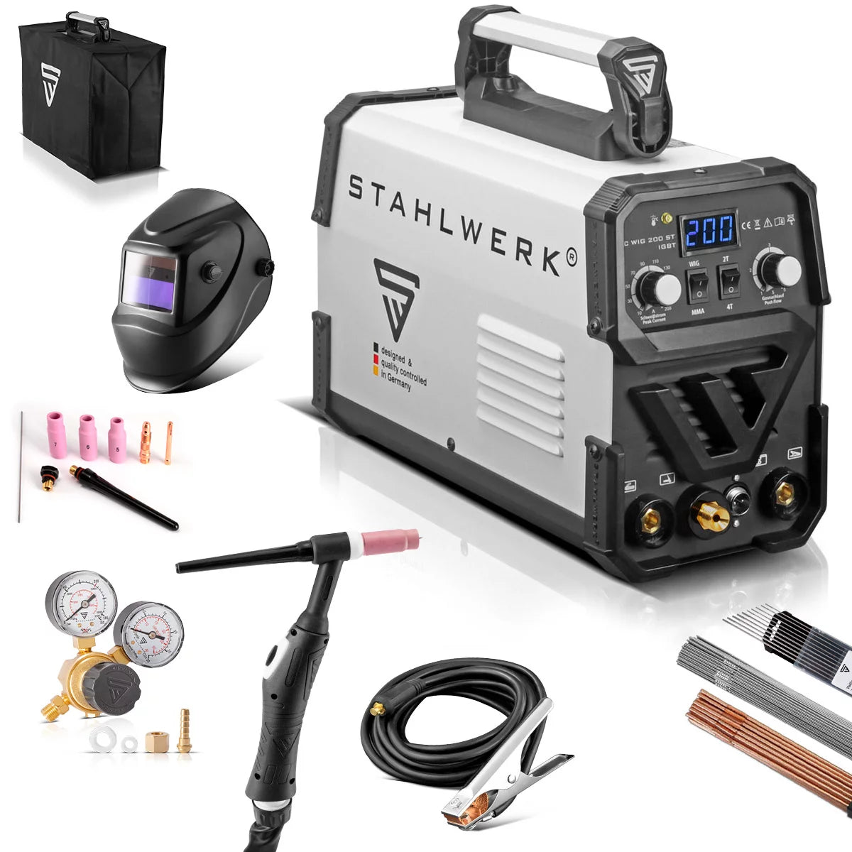 Steelworks welding machine DC WIG 200 ST IGBT Full equipment / 2-in-1 combi welding device with MMA / e-hand welding function / combination WIG welding machine