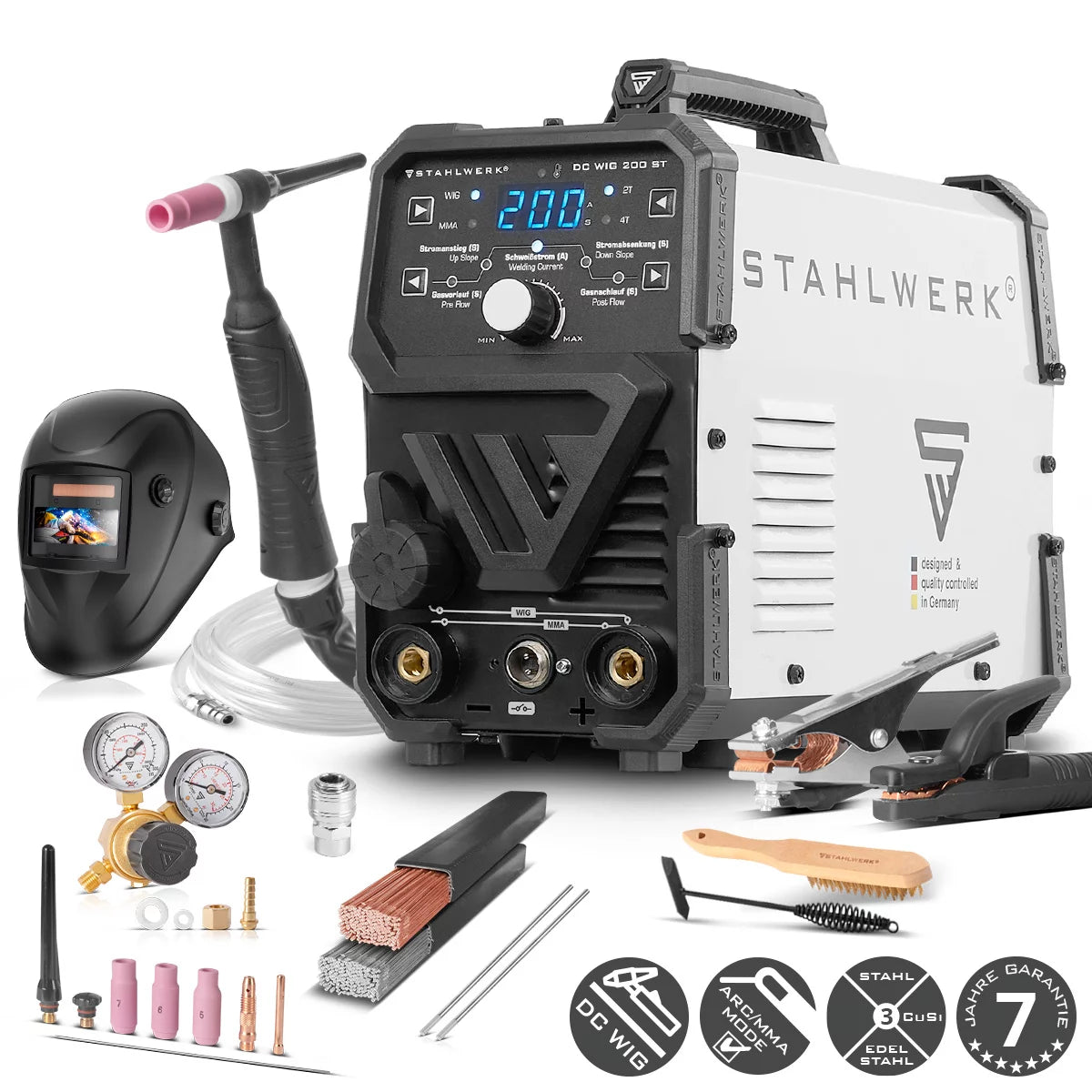 STAHLWERK DC TIG 200 ST - set completo di attrezzatura - saldatrice TIG combinata con 200 A e MMA, saldatura di acciaio, acciaio inossidabile e molto altro. (no ALU welding)