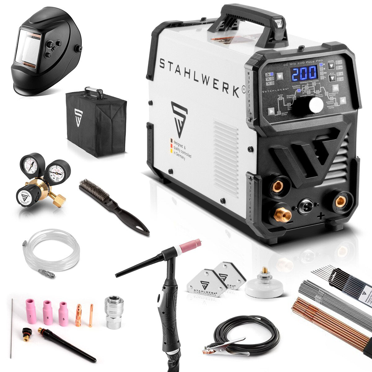 Steelworks 2-in-1-combi welding machine DC WIG 200 PULS PRO-Full equipment-Digital professional WIG welding machine with MMA E-Hand and pulse function, suitable for thin sheet metal