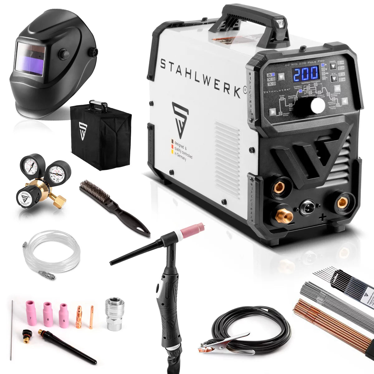 Steelworks 2-in-1-combi welding machine DC WIG 200 PULS PRO-Full equipment-Digital professional WIG welding machine with MMA E-Hand and pulse function, suitable for thin sheet metal