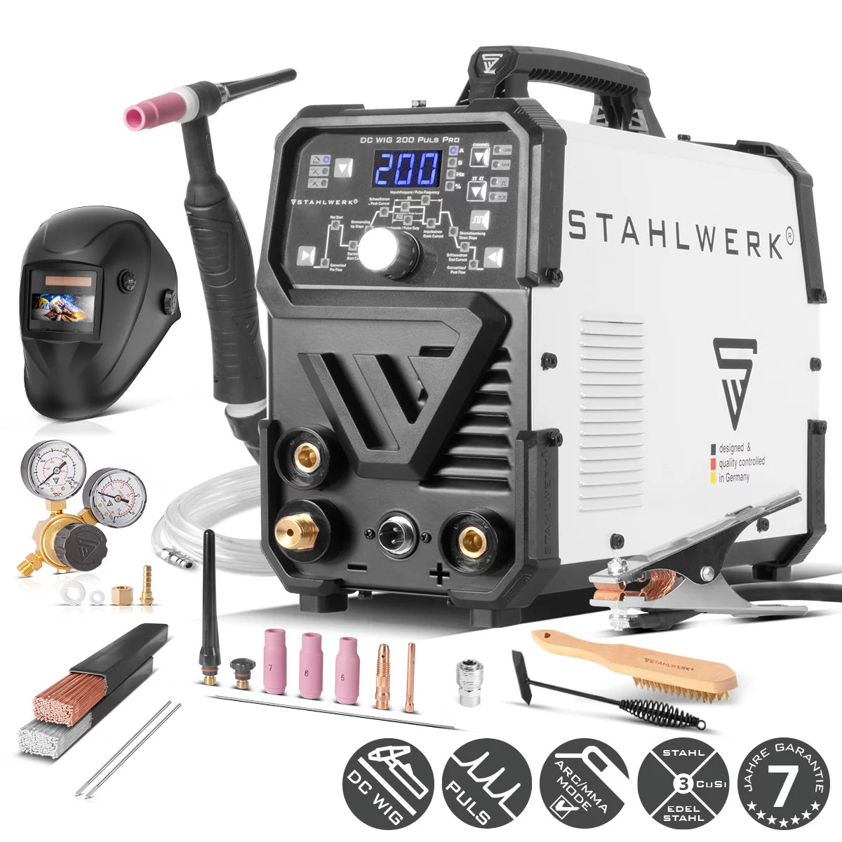 STAHLWERK DC WIG 200 Puls Pro Vollausstattung - Digitales Profi WIG Schweißgerät mit MMA E-Hand und Pulsfunktion, für Dünnblech geeignet