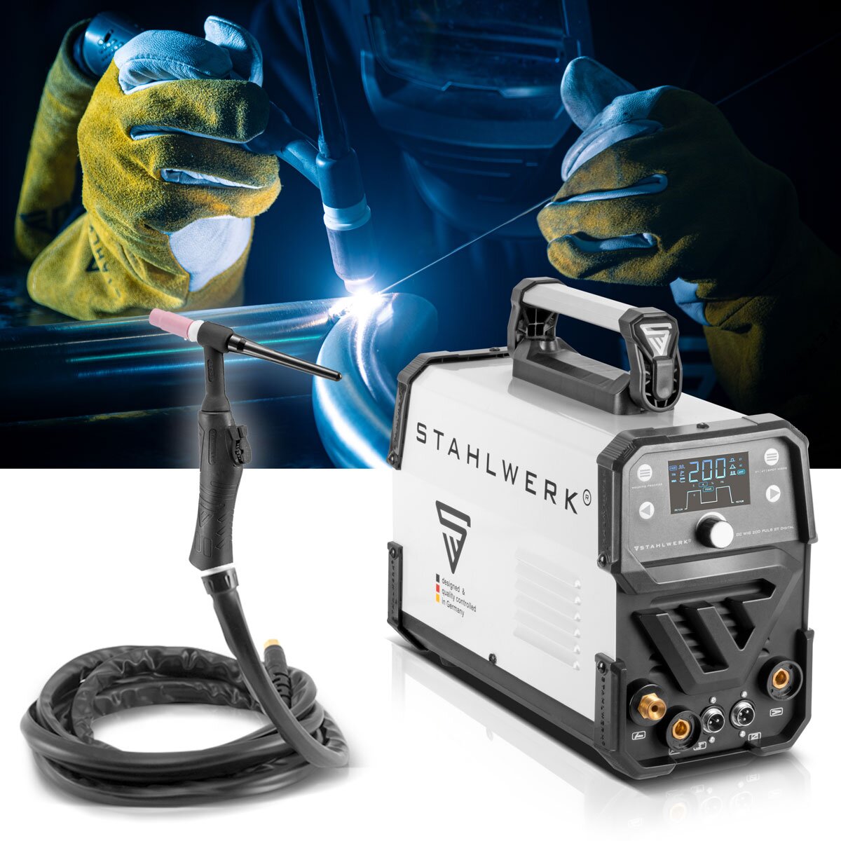 Steelworks 2-in-1-combi welding device DC WIG 200 PULS ST Digital Full equipment-digital professional WIG welding machine with MMA | E-hand and pulse function | IGBT-Inverter with LED display | Suitable for thin sheet