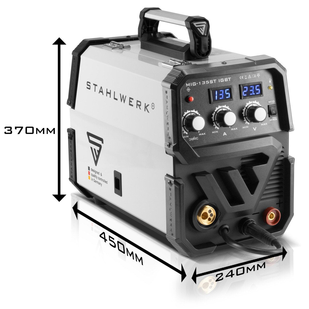 Steelworks welding machine MIG MAG 135 St IGBT / protective gas welding device with a synergic wire feed and real 135 ampere / combination welding device